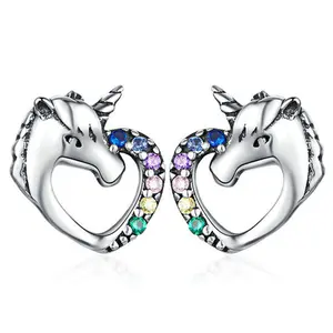 925 Sterling Silver Trẻ Em Cô Gái Hiện Nay CZ Tình Yêu Trái Tim Unicorn Stud Bông Tai