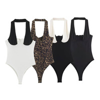 GX12653 Combinaison moulante dos nu pour femme, style streetwear fitness, unique, col halter, sans manches