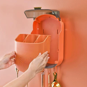 Wall Mounted Utensil Holder Dust Cover 3 Compartment Drying <b>Rack</b> Large Capacity Kitchen Storage Organizer - Product Image 3