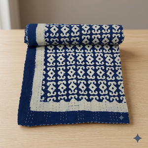 Couvre-lit Kantha élégant imprimé à la main, 90×108 pouces, taille double, couette en coton faite à la main avec motifs géométriques sophistiqués - Product Image 4