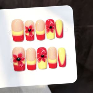 Ongles en gel 3D rouges style tropical d'été Design K44, ongles carrés français épais en acrylique <span class=keywords><strong>rouge</strong></span> et jaune faits à la main, à presser - Product Image 1