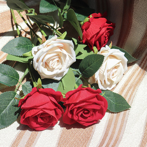 Kch Artificial Rose <b>Bouquet</b> Red And Ivory Velvet Fabric Wedding Decor Valentine's Day Gift Photography Props - Product Image 4