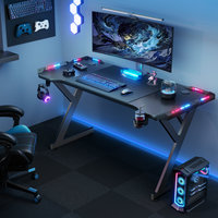 Escritorio para Computadora con Patas en Forma de Y AJUNION, Superficie de Fibra de Carbono, Escritorio para Oficina en Casa o para Gamers con Luces LED, Portavasos y Gancho para Auriculares