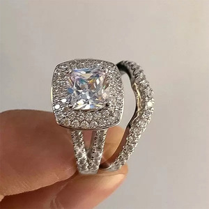 Conjunto de Anillos de Dos Piezas con Circonita Cuadrada para Mujer, Elegante Regalo de Aniversario de Bodas, Joyería - Product Image 4