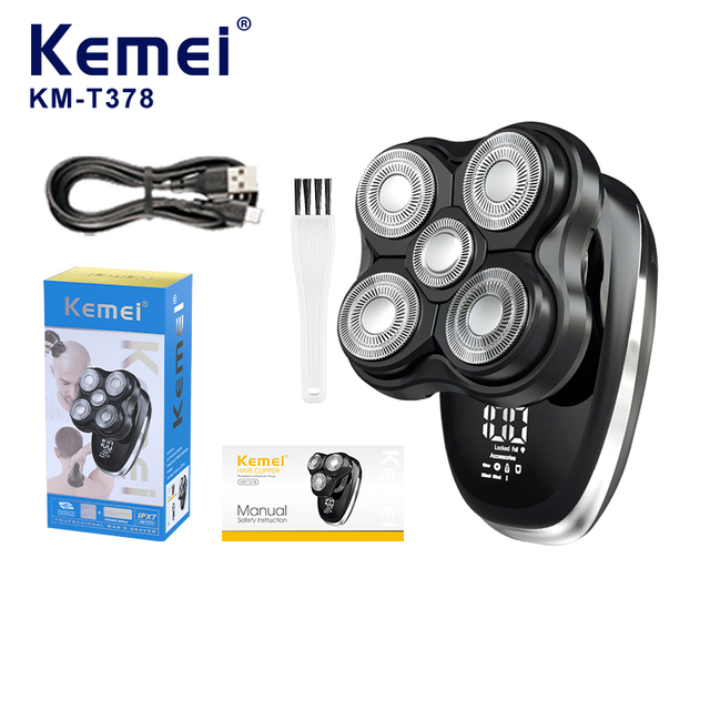KEMEI Km-t378 5Heads Shavers for Bald Men Detachable Head Shaver IPX7 Waterproof Wet Dry Bald LED Display Electric Beard Cutter