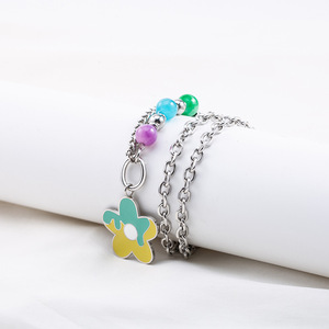 Cute Flower Layered Necklace <b>Titanium</b> Steel Beaded Colorful Chain For Women Fashion Jewelry - Product Image 4
