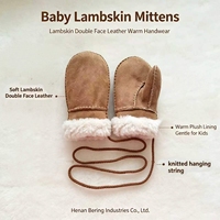 Gants mitaines pour enfants en cuir de mouton double face avec cordon tressé anti-perte, taille unique, chauds et confortables