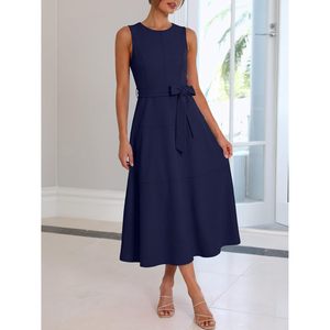 FOXA Robe midi élégante pour femme, sans manches, col rond, coupe trapèze avec ceinture, robe de soirée formelle pour le travail ou les cocktails - Product Image 3