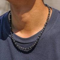 Collar de Cuentas Naturales de Ágata Negra y Piedra Volcánica con Puntos Azules, Venta al Por Mayor de Fábrica, Primavera-Verano