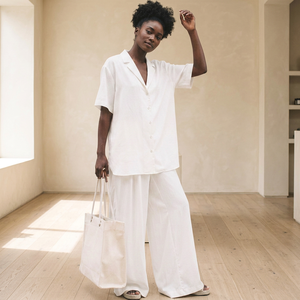 Ensemble 2 pièces en lin 100 % pour femme, blanc, coupe ample, col rabattu, haut à manches courtes, pantalon large, respirant, écologique, printemps - Product Image 2