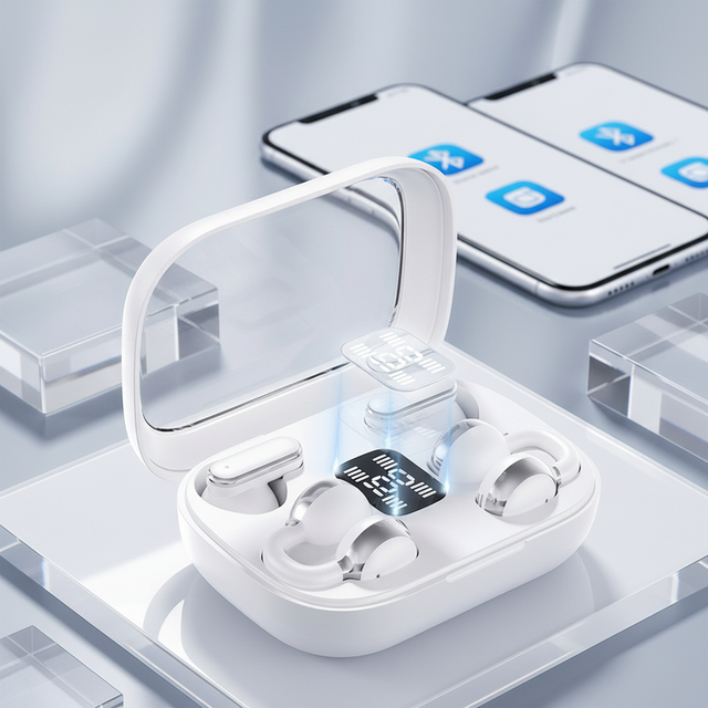 Couple Ear Clip Earbuds 2 in 1 Transparent Design BT5.4 Wireless Headphones LED Digital Screen Dual Pairing TWS