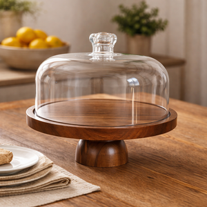 Vassoio in Legno per Torte con Coperchio a Cupola in Vetro, Resistente al Calore, Ecologico, Espositore Multifunzionale per Dessert/Donut - Product Image 3