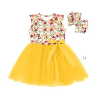 Vestido de princesa para meninas, vestidos amarelos de tule e flores, roupas infantis charmoso, vestido de verão para festas com laço