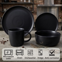 Service de table 16 pièces en grès céramique noir mat de qualité supérieure, style minimaliste, assiettes, bols, tasses, compatible lave-vaisselle, four et micro-ondes