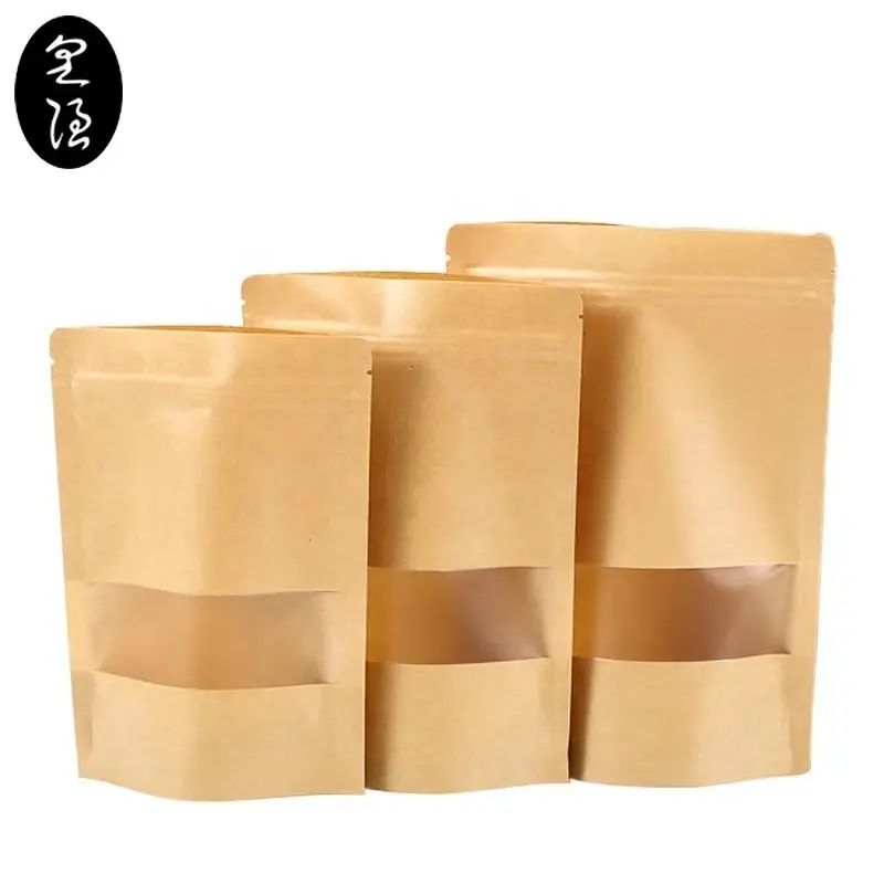 Sachets en plastique découpés à l'emporte-pièce de qualité alimentaire avec fenêtre transparente 2024 Brown Craft Paper Heat Seal Stand up kraft zipper zip lock