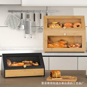 Boîte à pain en bambou avec porte en verre et couvercle rabattable, rangement alimentaire de cuisine, conteneur de conservation des collations sur le bureau - Product Image 1