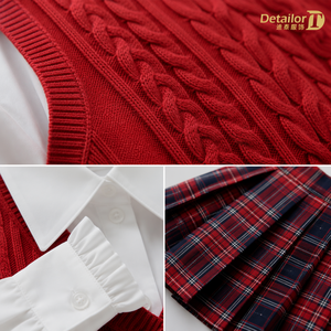 Conjunto de 3 Piezas para Bebés y Niñas Pequeñas, <span class=keywords><strong>Camisa</strong></span> Blanca de Manga Larga, Chaleco Rojo, Falda a Cuadros, Atuendo Informal para Festivales, Transpirable, en Existencia - Product Image 3