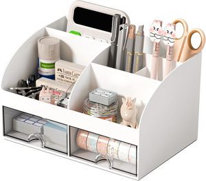 Desk Organizer with 6 Compartments 2 <strong>Drawers</strong> Plastic <strong>Makeup</strong> Organizer Pen Holder for Desktop Storage Desk Organization - Product Image 1