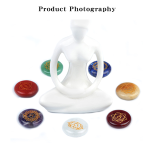 7 <strong>Chakra</strong> Stone Set - Natural Crystal &amp; Agate Round Palm <strong>Stones</strong> with Engved Symbols for Yoga/Meditation - Product Image 2