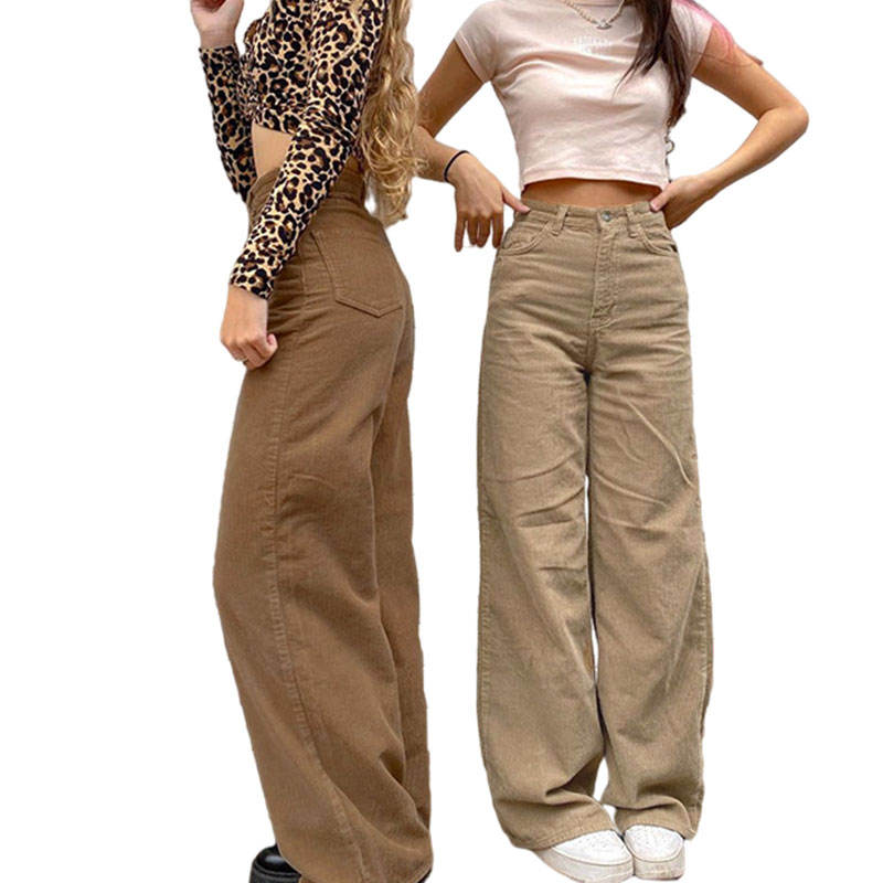 Women New Brown Fleece Corduroy Korean Style Straight Cargo Trousers High Waist Streetwear Pants For Women 