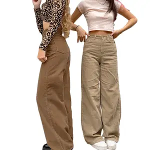 Women New Brown Fleece Corduroy Korean Style Straight Cargo Trousers High Waist Streetwear Pants For Women