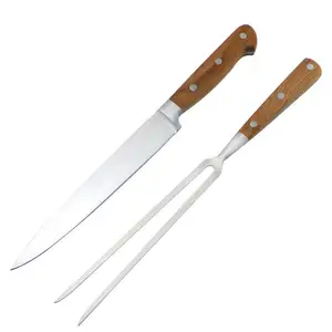 Garpu dan pisau pengiris, 2 buah 8 inci dengan pegangan kayu baja tahan karat dapur ukiran garpu dan pisau pengiris