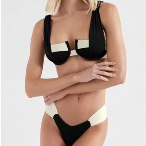 Ensemble de bikini color block pour femme, fabriqué en Chine, avec soutien-gorge push-up, bas string, bordure contrastante et fronces, en Spandex et Polyester, maillot de bain - Product Image 1