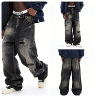 Jean large noir délavé et déchiré pour homme – Tendance et stylé avec patchwork – Coupe droite longue