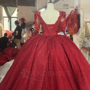 Wx450 <b>Red</b> <b>Glitter</b> Tulle Prom Dress Square Neck Long Sleeve Beaded Lace Ball Gown With Ruffle Hem Jancember - Product Image 3