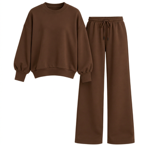 Ensemble de survêtement deux pièces marron pour femme, sweat-shirt à col rond et pantalon large, tenue décontractée d'automne - Product Image 1