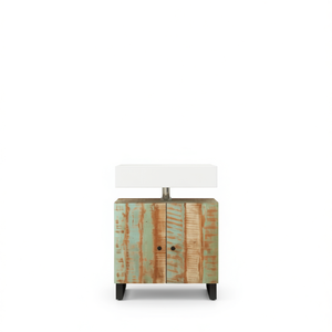 Meuble-lavabo de salle de bain en bois rustique avec vasque en céramique, design rectangulaire sur pied, finition peinte, style multicolore - Product Image 1