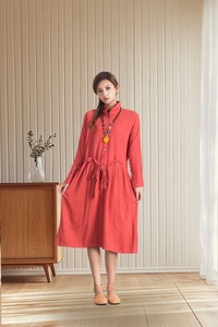 Robe décontractée en coton et lin à manches longues pour femme, coupe ample avec ceinture, qui flattere la silhouette - Fournisseur - Product Image 1