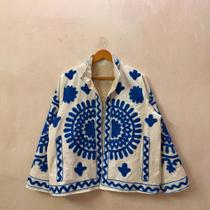 Premium White <b>Velvet</b> Embroidered Suzani <b>Jacket</b> with Blue Floral Pattern Full Sleeve Stand Collar Boho Soft Winter Outwear - Product Image 1