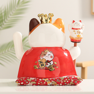 Statuette Giapponesi in Ceramica del Gatto Portafortuna Maneki Neko Elvis 28 cm che Saluta per Attirare la Fortuna - Product Image 4