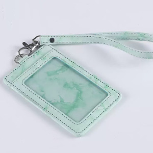 Solid ID PU Strap Dyed PU Hanging Rope And Capsule With <b>Elastic</b> Pull Tab Marble Style Multiple Card Slots For ID Card Holder - Product Image 3