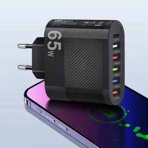 UK US EU Plug 65W 5 USB 1 Type C Charger PD 20W QC 18W Fast USB-C Charging Wall Charger USB