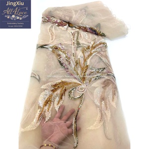 Tessuto in Rete Ricamato con Paillettes Floreali Grigio Viola Oro con Grandi <span class=keywords><strong>Motivi</strong></span> Applicati per Caftani, Abaya e Abiti da Sera - Product Image 2