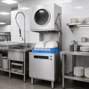 Lave-vaisselle industriel haute performance avec cycle de lavage rapide en 45 secondes, fenêtre de visualisation ronde, lave-vaisselle professionnel automatique à capot - Product Image 1
