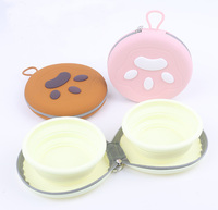 Nouveau bol double pliable en silicone de haute qualité pour animaux de compagnie bol d'alimentation et d'eau portable fournitures pour animaux de compagnie avec boucle de suspension à fermeture éclair