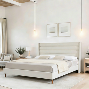 Cadre de lit King Size en chenille avec tête de lit haute et plateforme rembourrée à motif ondulé, lit plateforme moderne sans <span class=keywords><strong>sommier</strong></span>, ivoire - Product Image 1