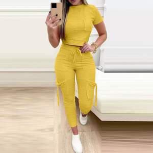 S-3XL Casual Sports Pants Set Short Sleeved Short Top Mulheres Drawstring Pocket Pants Conjunto de 2 Peças - Product Image 4