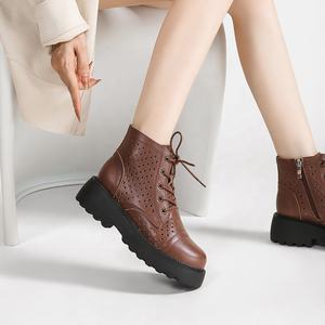 Botas de Piel Vacuna para Mujer, Nuevas 2026, Negras, con Cierre de Cordones y Cremallera, Diseño Cómodo con Punta Redonda y Plataforma, para Primavera, Verano y Otoño - Product Image 1