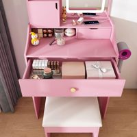 Tabouret de coiffeuse en bois éclairé couleur rose, durable et moderne, pour chambre à coucher et salon, avec 2 tiroirs et 5 armoires de rangement
