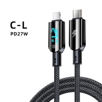Câble de charge rapide tressé en nylon de haute qualité 1,2 m PD27W USB-A vers C vers C avec affichage numérique pour appareils iOS