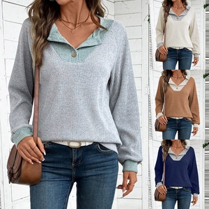 Sweat-shirt à manches longues pour femme, nouvelle collection automne/hiver, col en V, couleur contrastée, coupe ample, tendance - Product Image 2