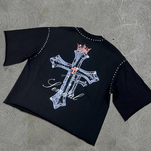 Camiseta cuadrada de peso pesado de diseñador, Camisa de algodón estampada con diamantes de imitación para hombres, camisetas gráficas recortadas de gran tamaño - Product Image 2