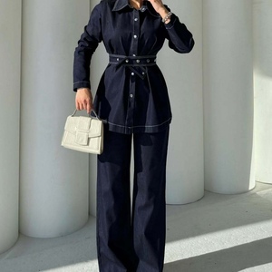 Nuevo Conjunto Casual de 2 Piezas para Mujer, Jeans de Pierna Ancha y Camiseta de Manga Larga de Mezclilla, a la Moda - Product Image 1