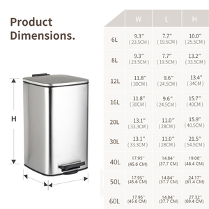 Poubelle à pédale carrée en acier inoxydable à fermeture douce de 6, 8, 12, 16, 20, 30, 40, 50, 60 litres pour cuisine et salle de bain - Product Image 6