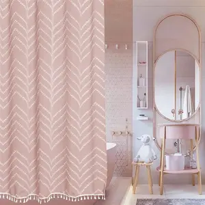 Extra Long Pink Boho Shower Curtain with White Tassel Woven Tufted Chevron Striped Modern Textured Shower Curtains for Bathroom