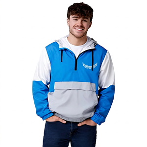 <b>Men's</b> Blue White Color Block Hooded Quarter Zip Windproof Sport <b>Jacket</b> With Logo Front Pocket Design - Product Image 1